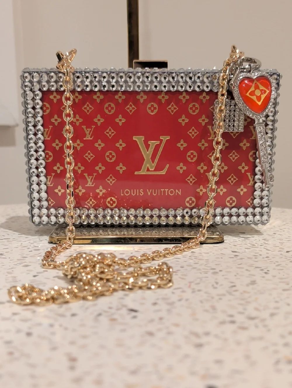 Upcycled Monogram Crystal-Trim Box Clutch with Clear Chain